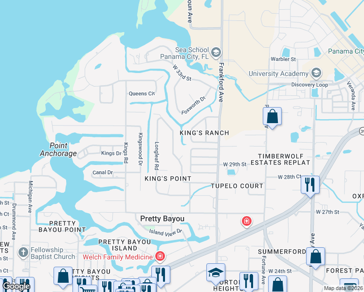 map of restaurants, bars, coffee shops, grocery stores, and more near 2871 Tupelo Drive in Panama City