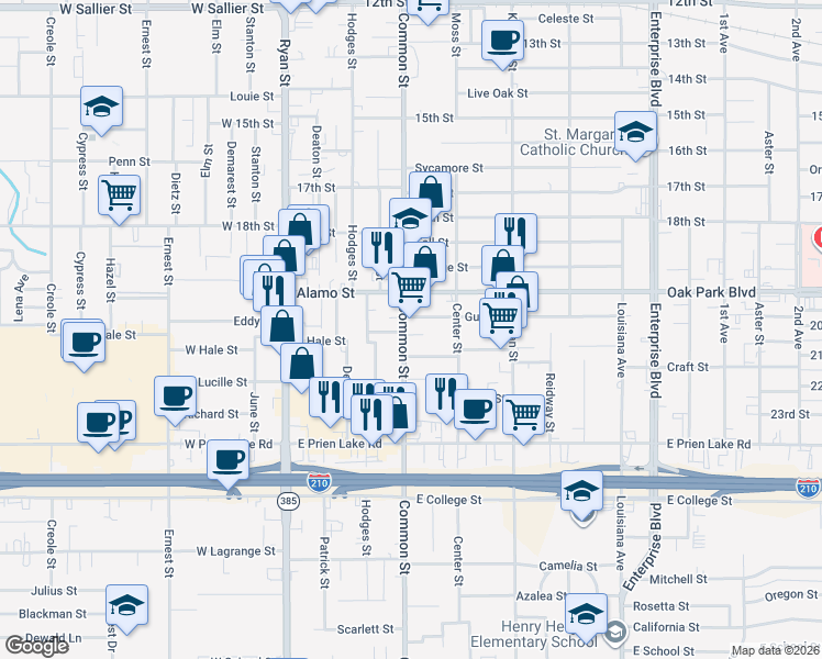 map of restaurants, bars, coffee shops, grocery stores, and more near 2912 Common Street in Lake Charles
