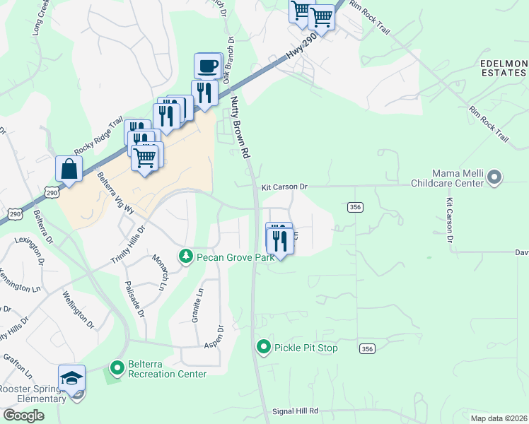 map of restaurants, bars, coffee shops, grocery stores, and more near 1523 Trinity Hills Drive in Austin