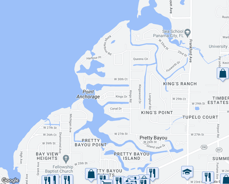 map of restaurants, bars, coffee shops, grocery stores, and more near 3311 Kings Drive in Panama City