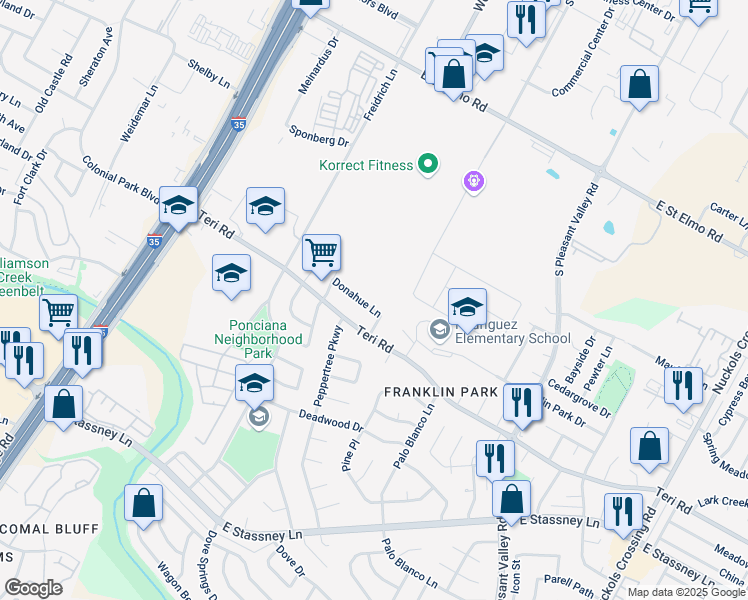 map of restaurants, bars, coffee shops, grocery stores, and more near 2112 Donahue Lane in Austin