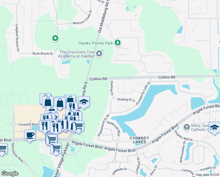 map of restaurants, bars, coffee shops, grocery stores, and more near 8236 Stelling Drive in Jacksonville
