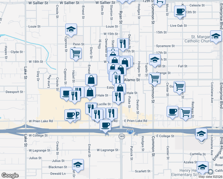 map of restaurants, bars, coffee shops, grocery stores, and more near 131 Eddy Street in Lake Charles