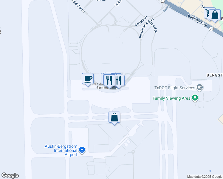 map of restaurants, bars, coffee shops, grocery stores, and more near 3600 Presidential Boulevard in Austin