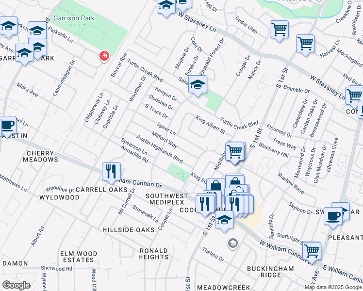 map of restaurants, bars, coffee shops, grocery stores, and more near 1005 Speer Lane in Austin