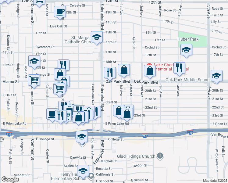 map of restaurants, bars, coffee shops, grocery stores, and more near 2909 Warren Avenue in Lake Charles