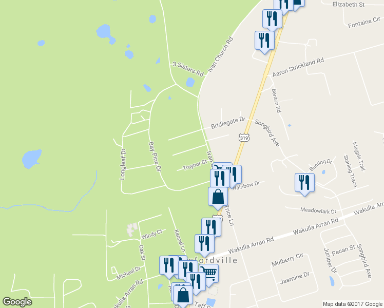 map of restaurants, bars, coffee shops, grocery stores, and more near 27 Shoemaker Court in Crawfordville