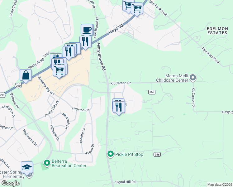 map of restaurants, bars, coffee shops, grocery stores, and more near 1523 Trinity Hills Drive in Austin