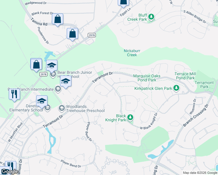 map of restaurants, bars, coffee shops, grocery stores, and more near 14 North Millsap Circle in Spring