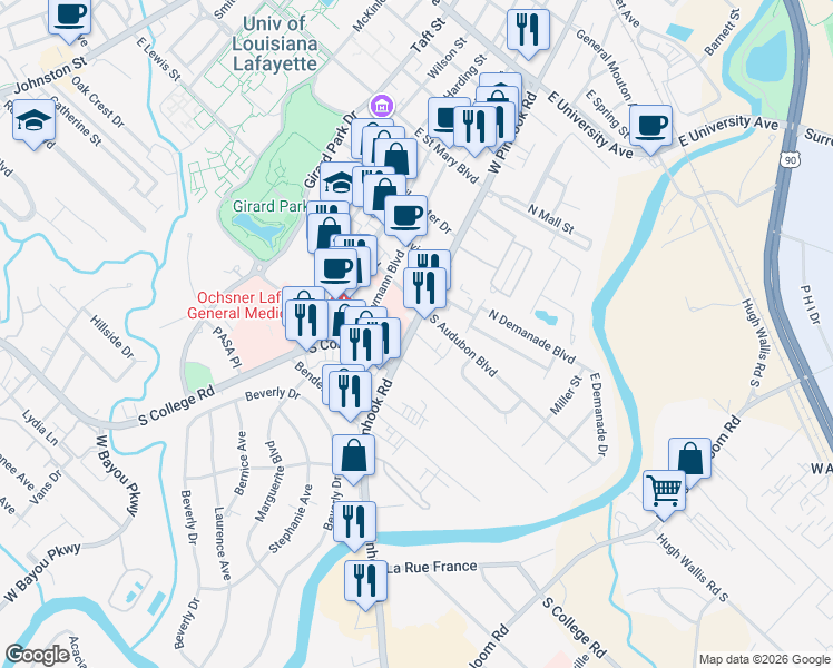 map of restaurants, bars, coffee shops, grocery stores, and more near 1210 West Pinhook Road in Lafayette