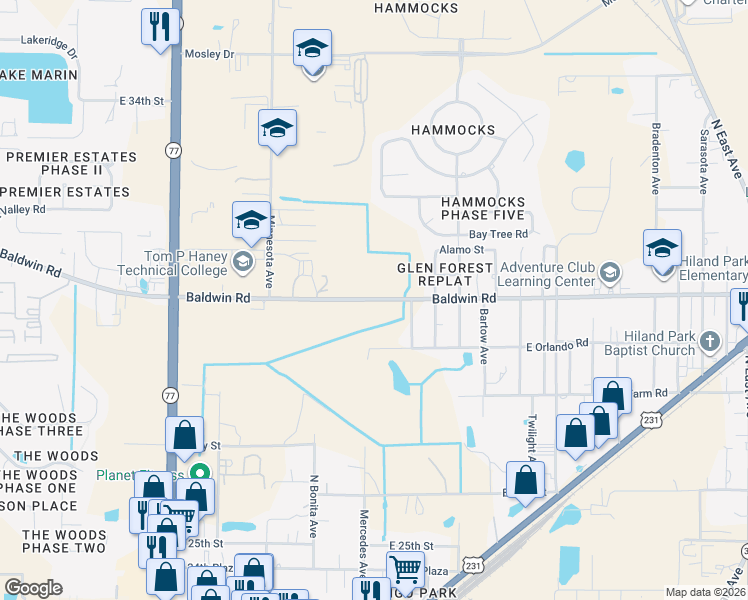 map of restaurants, bars, coffee shops, grocery stores, and more near Baldwin Road in Panama City