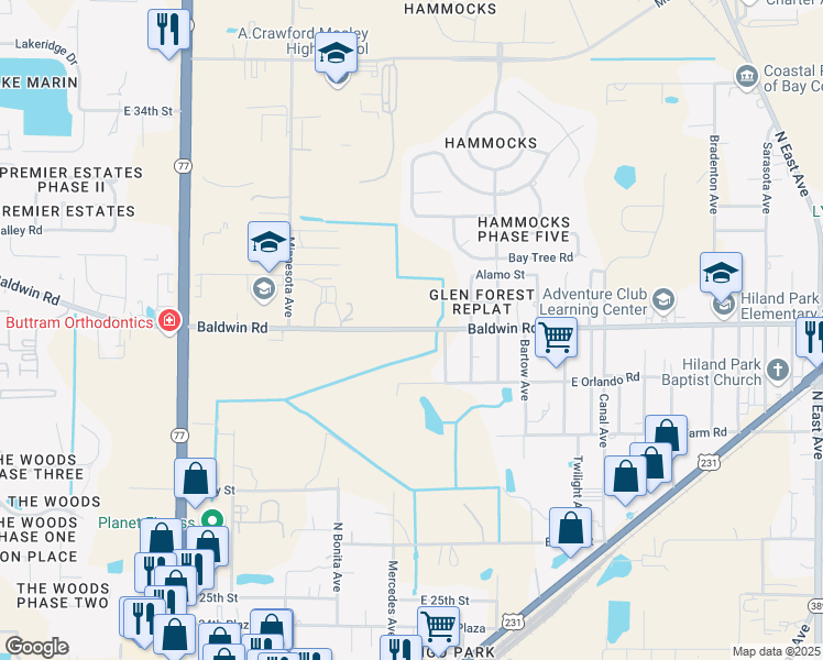 map of restaurants, bars, coffee shops, grocery stores, and more near 969 Baldwin Road in Panama City