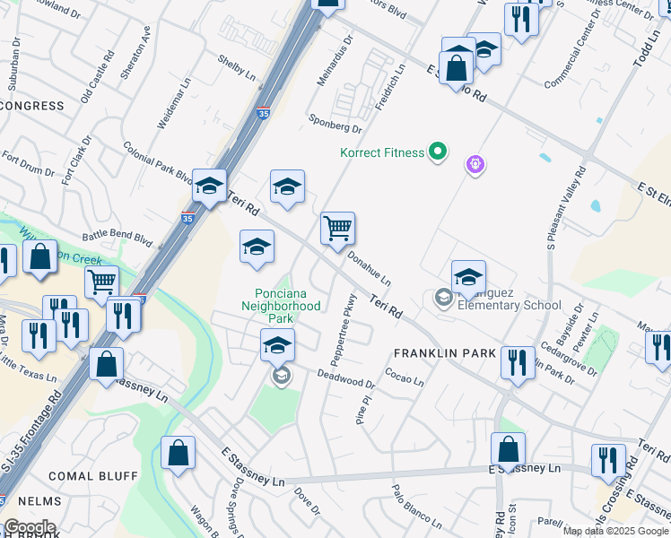 map of restaurants, bars, coffee shops, grocery stores, and more near 2101 Donahue Lane in Austin