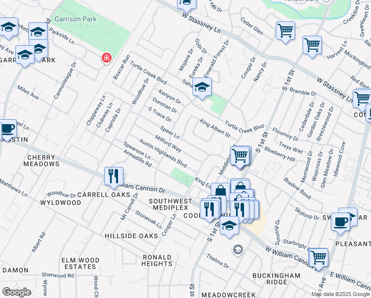 map of restaurants, bars, coffee shops, grocery stores, and more near 1005 Speer Lane in Austin