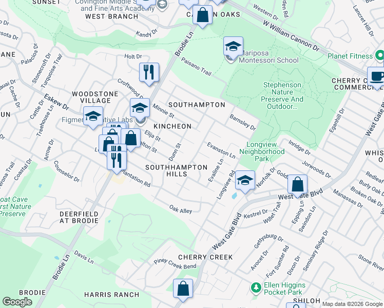 map of restaurants, bars, coffee shops, grocery stores, and more near 3214 Kittyhawk Cove in Austin