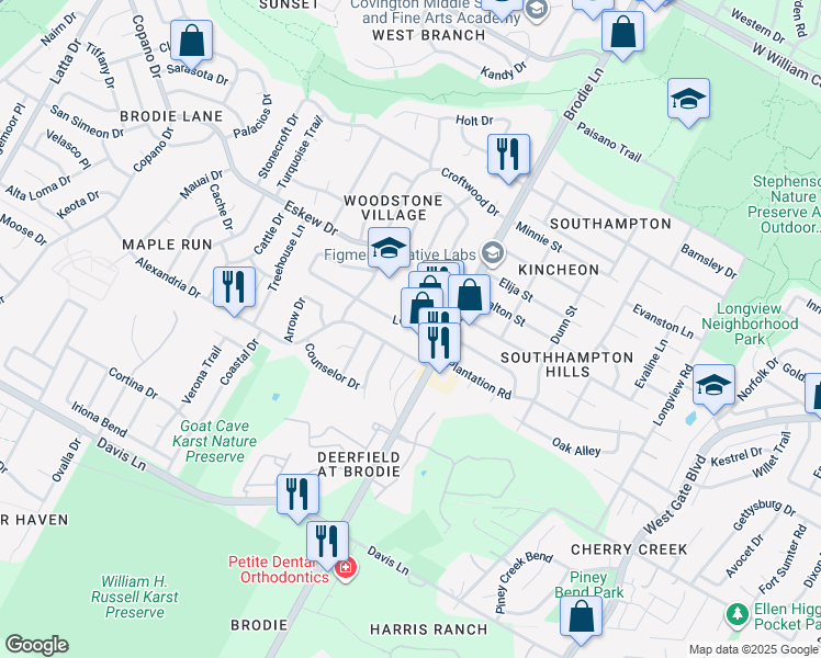 map of restaurants, bars, coffee shops, grocery stores, and more near 3603 Leafield Drive in Austin