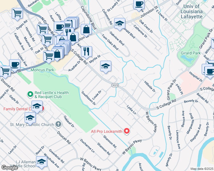 map of restaurants, bars, coffee shops, grocery stores, and more near 710 South College Road in Lafayette