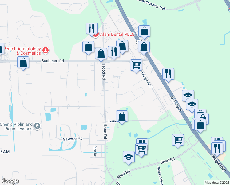 map of restaurants, bars, coffee shops, grocery stores, and more near 9604 Price Park Drive in Jacksonville