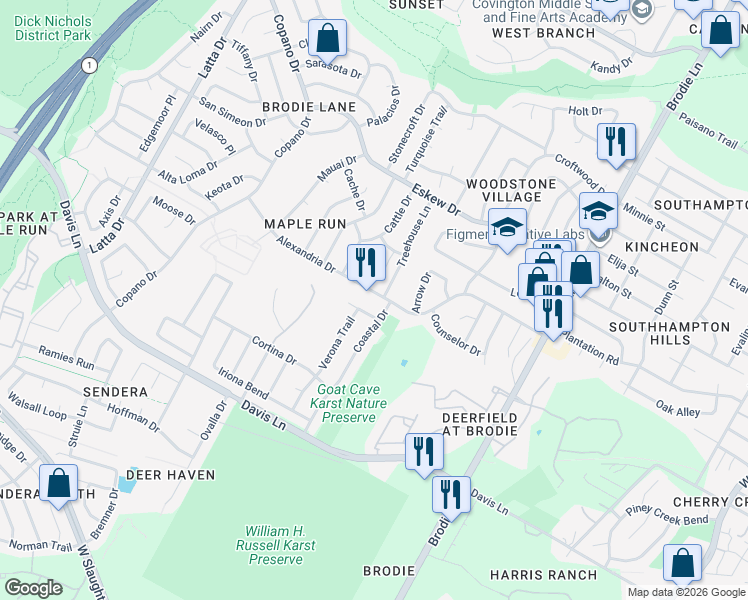 map of restaurants, bars, coffee shops, grocery stores, and more near 4007 Alexandria Drive in Austin