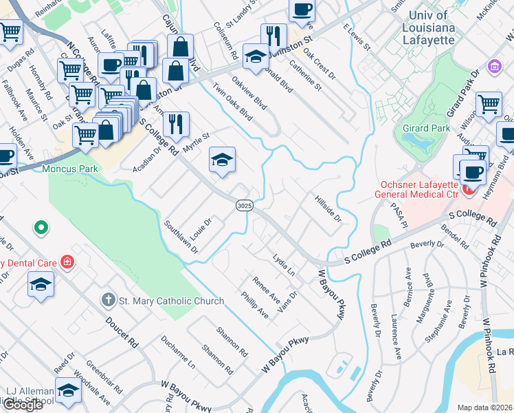 map of restaurants, bars, coffee shops, grocery stores, and more near 101 Park Ridge Lane in Lafayette