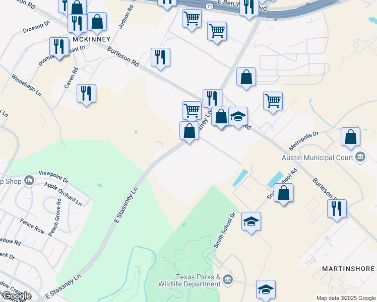 map of restaurants, bars, coffee shops, grocery stores, and more near 6301 East Stassney Lane in Austin