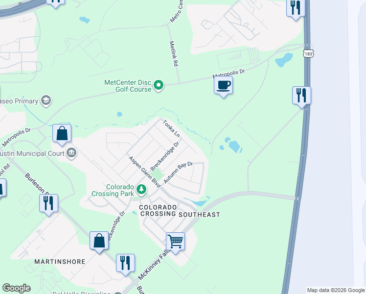 map of restaurants, bars, coffee shops, grocery stores, and more near 3308 Lodgepole Drive in Austin