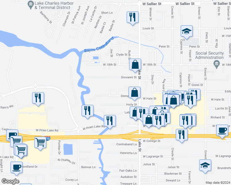 map of restaurants, bars, coffee shops, grocery stores, and more near 2960 Lake Street in Lake Charles