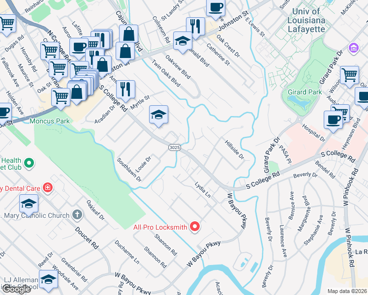 map of restaurants, bars, coffee shops, grocery stores, and more near 101 Park Ridge Lane in Lafayette