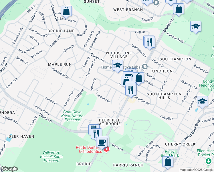 map of restaurants, bars, coffee shops, grocery stores, and more near 3701 Alexandria Drive in Austin