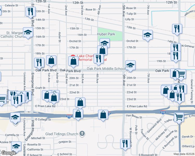 map of restaurants, bars, coffee shops, grocery stores, and more near 2999 4th Ave in Lake Charles