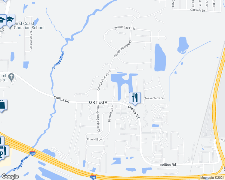 map of restaurants, bars, coffee shops, grocery stores, and more near 8126 Pineverde Lane in Jacksonville