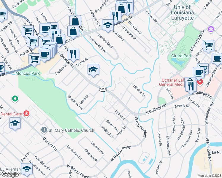 map of restaurants, bars, coffee shops, grocery stores, and more near 108 Park Ridge Lane in Lafayette