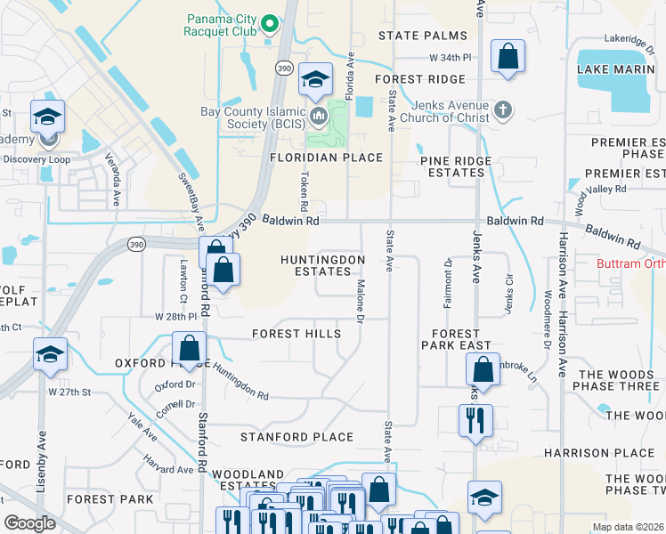 map of restaurants, bars, coffee shops, grocery stores, and more near 802 Marywood Drive in Panama City