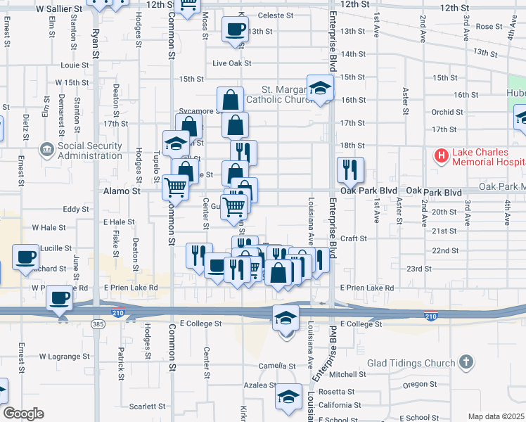map of restaurants, bars, coffee shops, grocery stores, and more near 916 Gulf St in Lake Charles