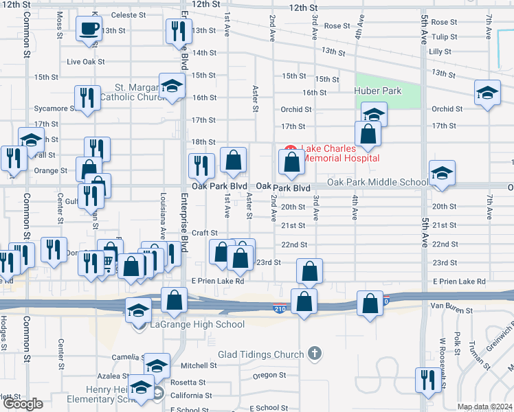 map of restaurants, bars, coffee shops, grocery stores, and more near 1504 20th Street in Lake Charles