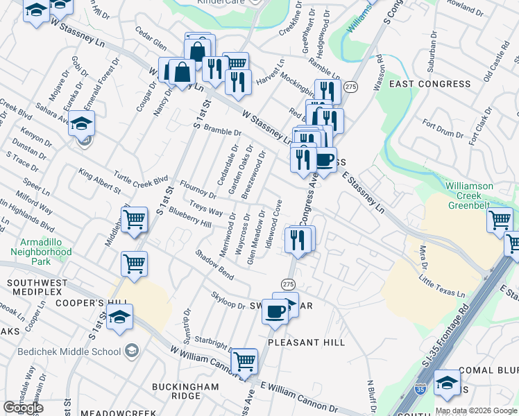 map of restaurants, bars, coffee shops, grocery stores, and more near 310A Flournoy Drive in Austin