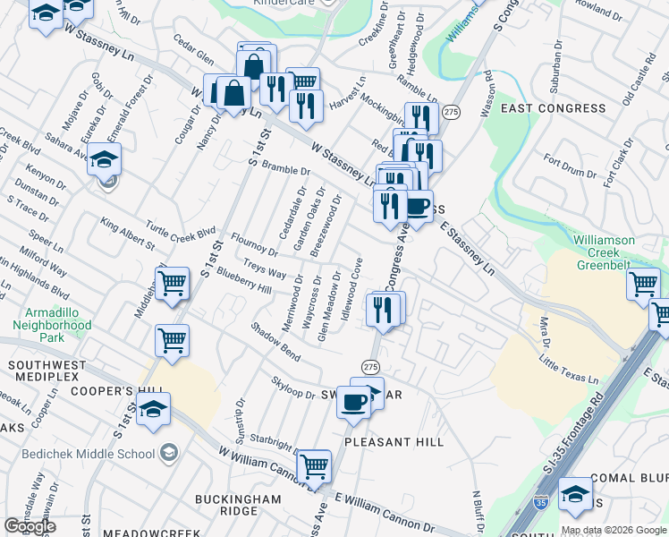 map of restaurants, bars, coffee shops, grocery stores, and more near 310A Flournoy Drive in Austin