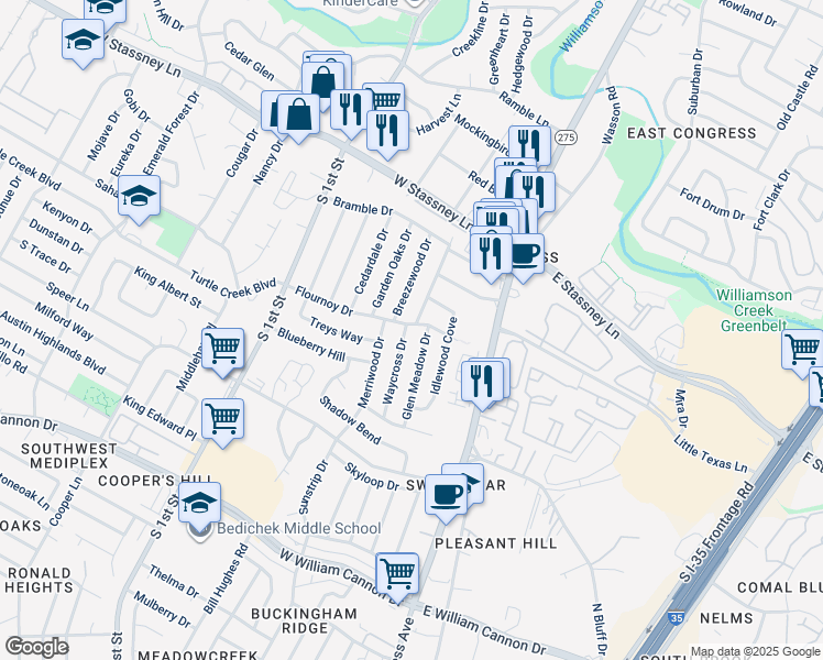 map of restaurants, bars, coffee shops, grocery stores, and more near 310A Flournoy Drive in Austin