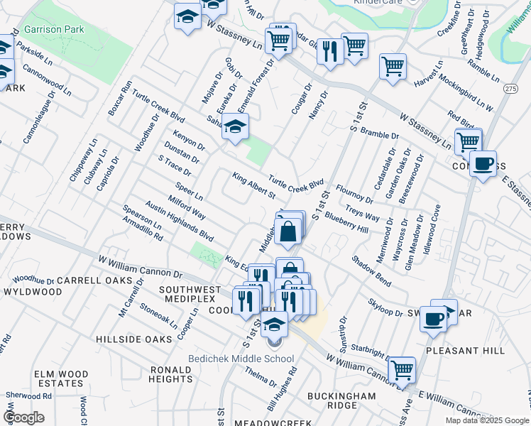 map of restaurants, bars, coffee shops, grocery stores, and more near 806 Eberhart Lane in Austin