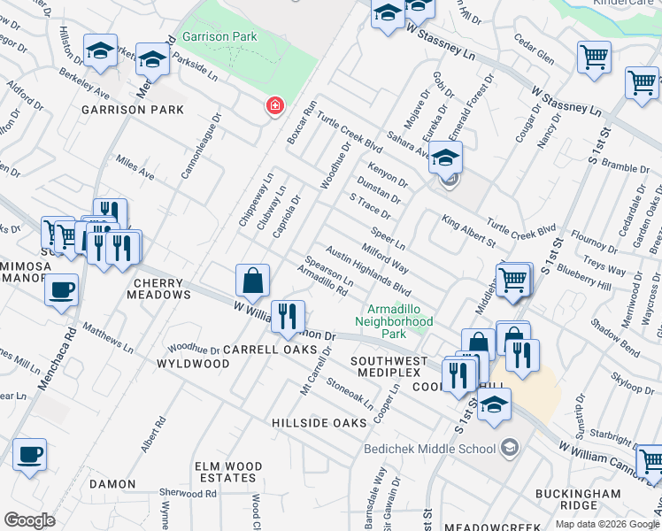 map of restaurants, bars, coffee shops, grocery stores, and more near 1208 Spearson Lane in Austin