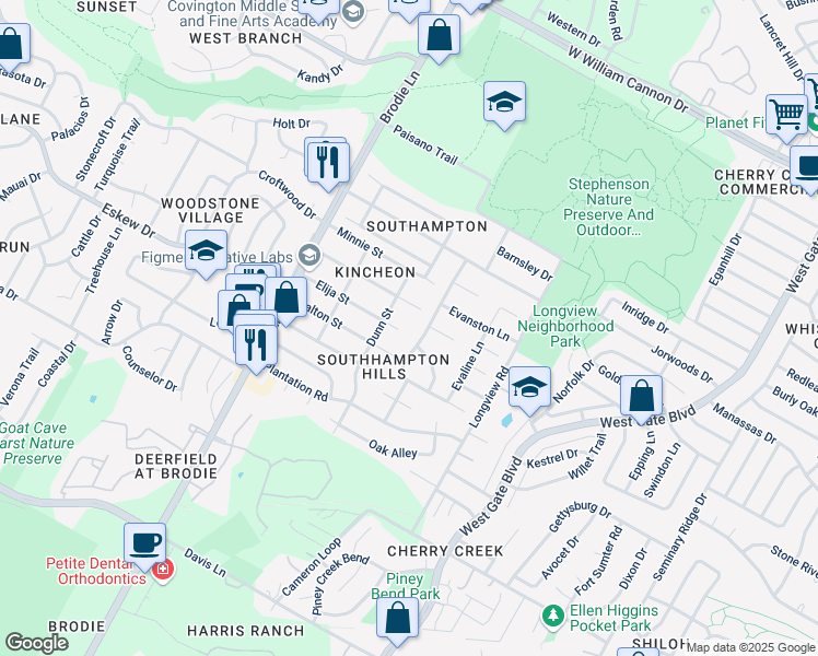 map of restaurants, bars, coffee shops, grocery stores, and more near 3306 Elija Street in Austin