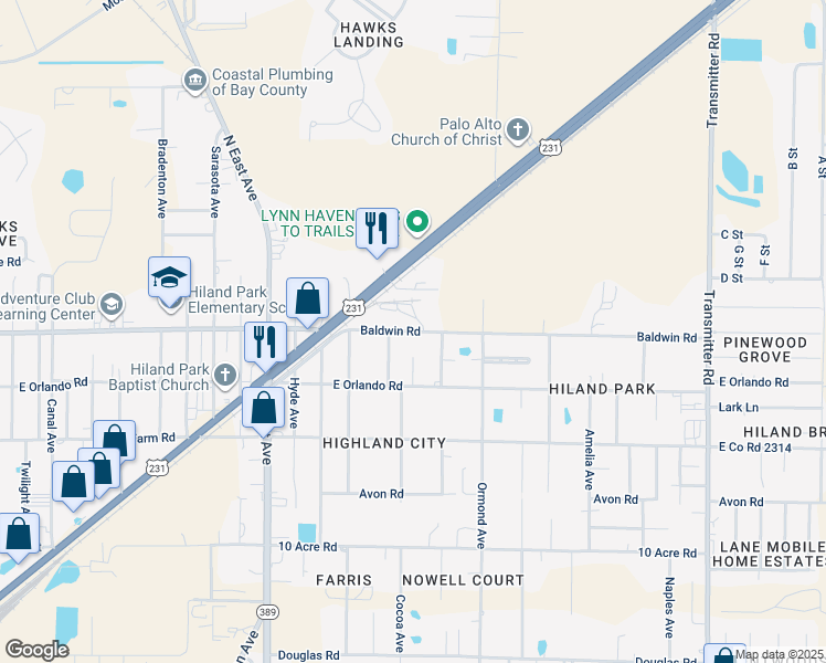map of restaurants, bars, coffee shops, grocery stores, and more near 2969 East Baldwin Road in Panama City