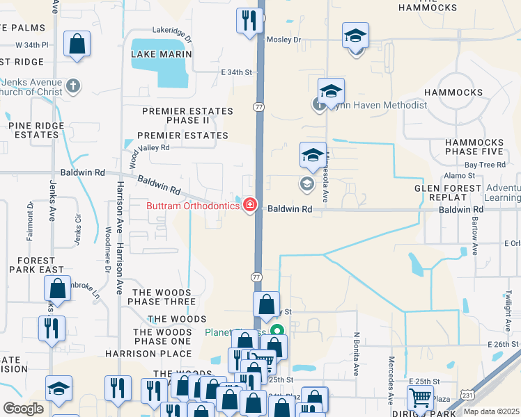 map of restaurants, bars, coffee shops, grocery stores, and more near Hwy 77 & E Baldwin Rd in Lynn Haven