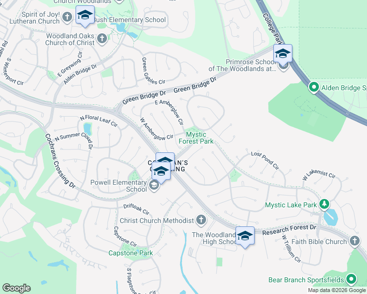 map of restaurants, bars, coffee shops, grocery stores, and more near 15 South Duskwood Place in Spring
