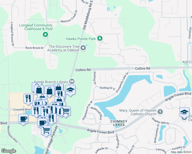 map of restaurants, bars, coffee shops, grocery stores, and more near 8227 Stelling Drive in Jacksonville
