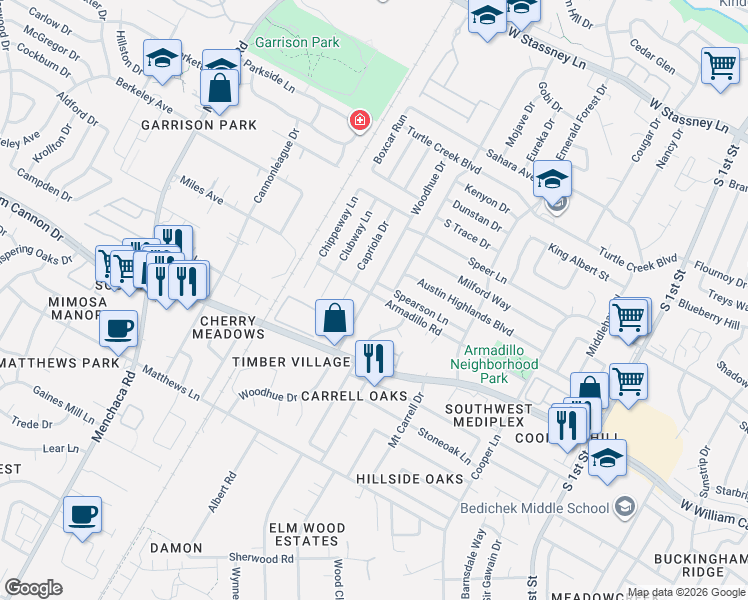 map of restaurants, bars, coffee shops, grocery stores, and more near 1304 Armadillo Road in Austin