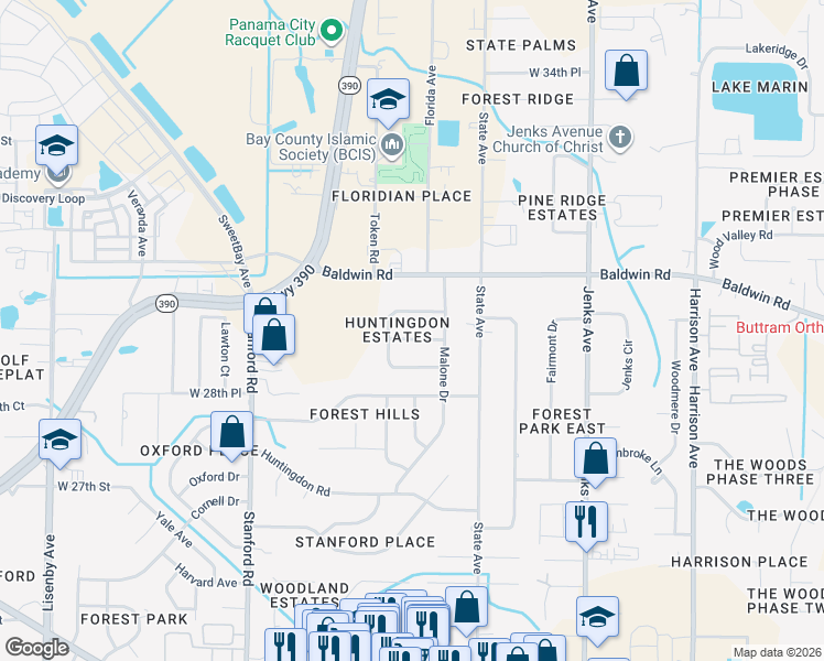 map of restaurants, bars, coffee shops, grocery stores, and more near 802 Marywood Drive in Panama City