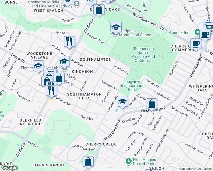 map of restaurants, bars, coffee shops, grocery stores, and more near 3203 Evanston Lane in Austin