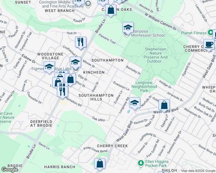 map of restaurants, bars, coffee shops, grocery stores, and more near 7899 Clydesdale Drive in Austin