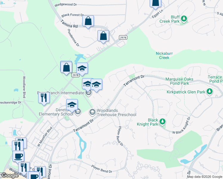 map of restaurants, bars, coffee shops, grocery stores, and more near 24 Wooded Path Place in The Woodlands